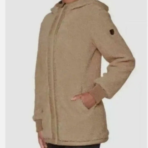 1 Madison Expedition Faux Fur Tan Hooded Full Zip Fuzzy Teddy Jacket Size M - Picture 2 of 13